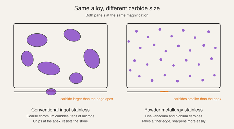 Two panels at the same magnification, coarse chromium carbides in conventional ingot steel against fine powder metallurgy carbides