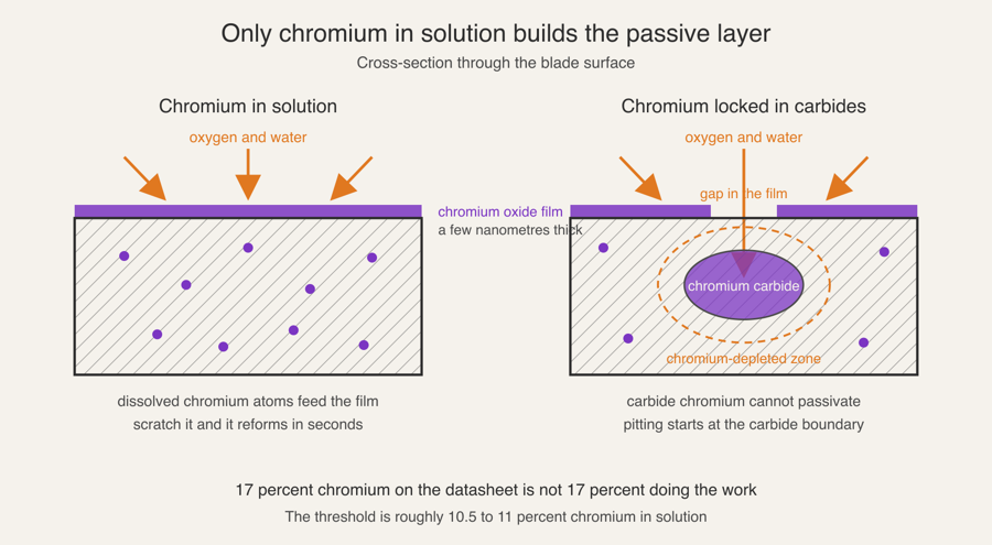 Cross-section comparing chromium in solution building an intact oxide film against chromium locked in a carbide leaving a gap and a depleted zone