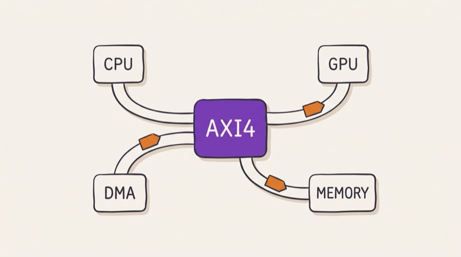 An AXI4 interconnect at the centre of a system on chip, with a processor, a direct memory access engine, a graphics processor and a memory controller exchanging tagged read and write transactions along coloured channel paths