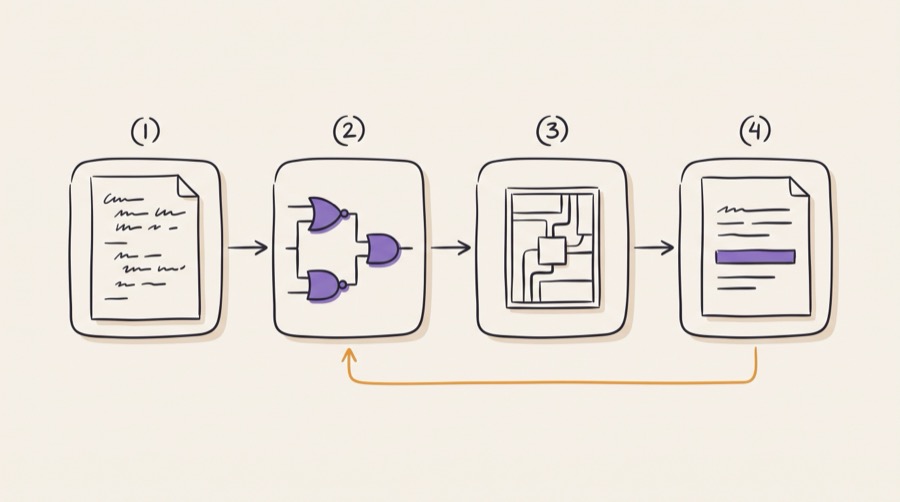 An RTL to silicon workflow drawn as connected engineering stations, moving from source code through synthesis, gates, placement, routing and timing reports, with a feedback loop returning to the start