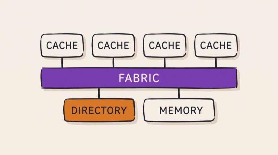 A multicore cache coherency fabric on a system on chip, with four processor caches around a shared interconnect that carries snoop and ownership traffic to a directory and a memory controller