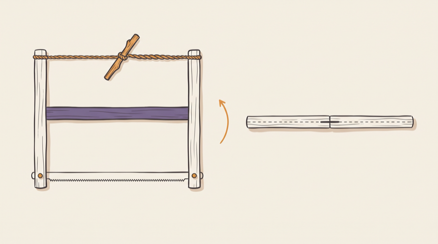 A wooden bucksaw shown assembled under cord tension, and folded into a single flat bar with the blade hidden inside