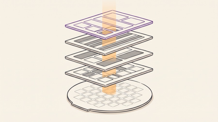 Four photomask plates floating in an exploded stack above a silicon wafer, with a single beam of light passing down through them onto the dies below