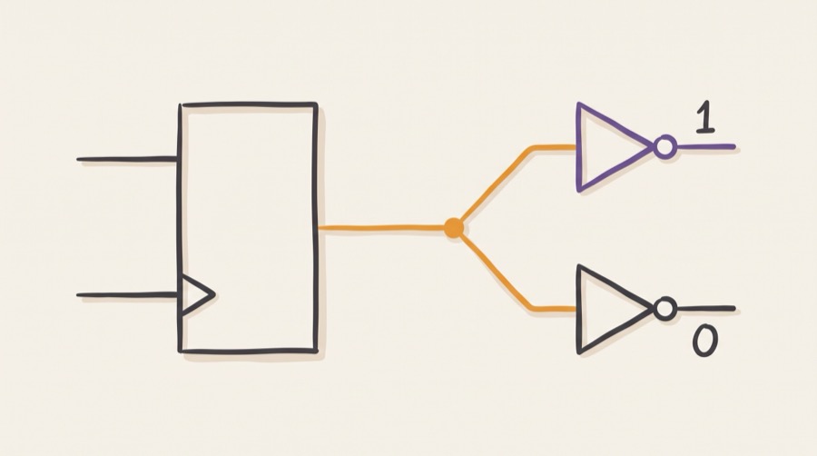 A D-type flip-flop whose output wire splits at a junction and reaches two inverters, the upper one resolving it as 1 and the lower one as 0