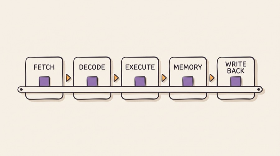 A processor pipeline drawn as a transparent assembly line, with several instructions in flight at once moving through fetch, decode, execute, memory and writeback stages