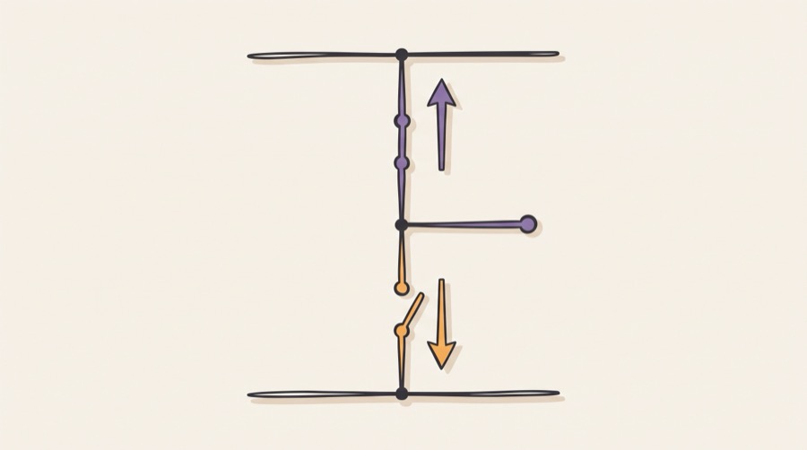 An output wire strung between a supply rail and a ground rail, with a closed switch pulling it up and an open switch below it, and arrows pointing up to the supply and down to ground