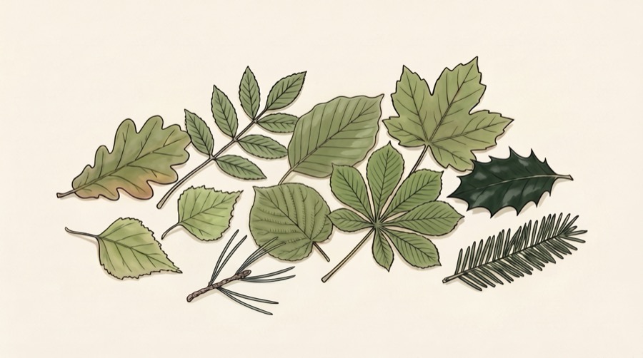 A drift of ten overlapping leaves, one from each tree in this post: oak, ash, beech, sycamore, silver birch, hazel, horse chestnut, holly, a Scots pine shoot and a flat yew spray