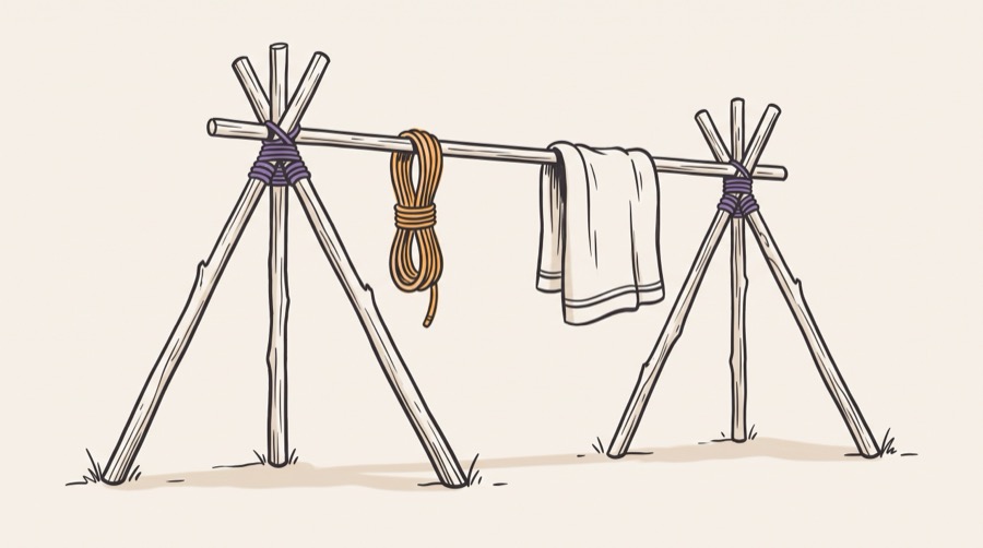 Two lashed tripods standing apart, carrying a horizontal spar between their apexes with kit hung from it
