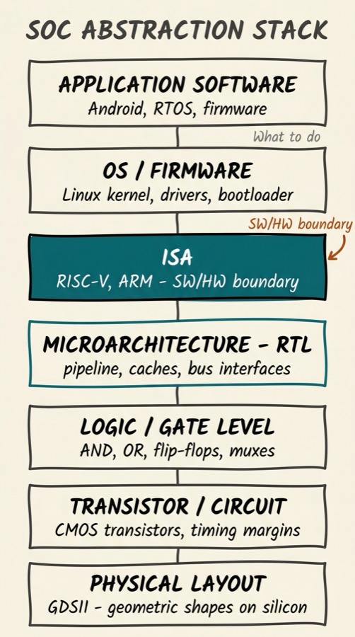 The SoC abstraction stack from physical layout at the bottom to application software at the top, with ISA highlighted as the hardware/software boundary