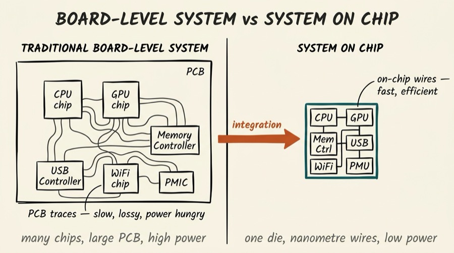 Side-by-side comparison: a traditional board-level system with many discrete chips connected by slow PCB traces versus a System on Chip with the same blocks integrated onto a single die connected by fast on-chip wires
