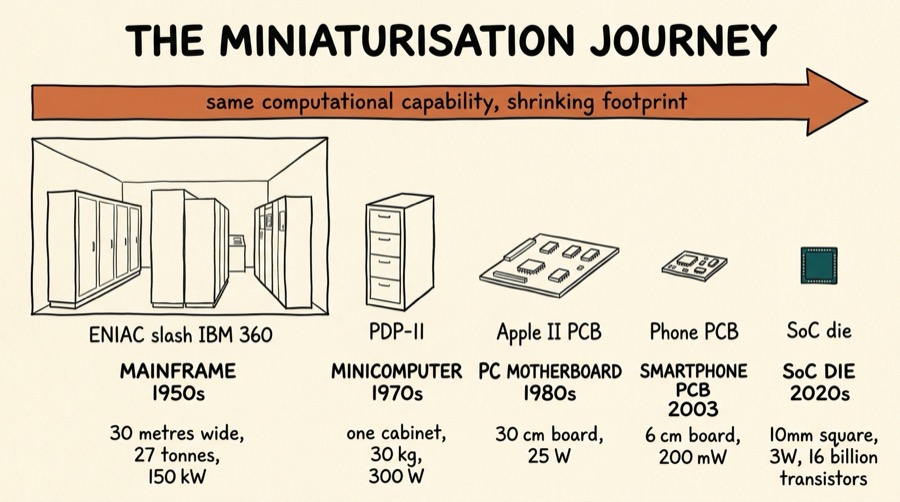 The miniaturisation journey: five eras of computing from room-sized mainframe to a fingernail-sized SoC die, showing the same computational capability in a dramatically shrinking footprint