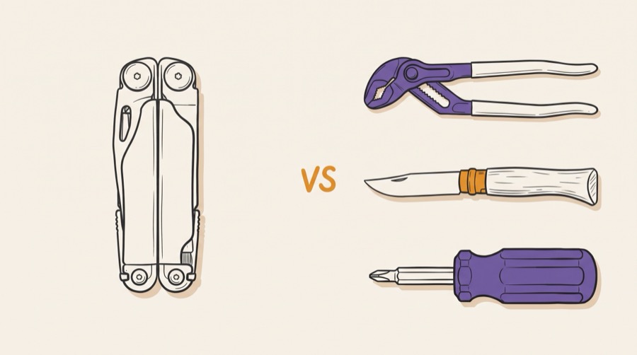 Sketch comparison of a Leatherman Wave Plus against a Knipex Cobra XS, an Opinel No 08 and a PB Swiss bit driver