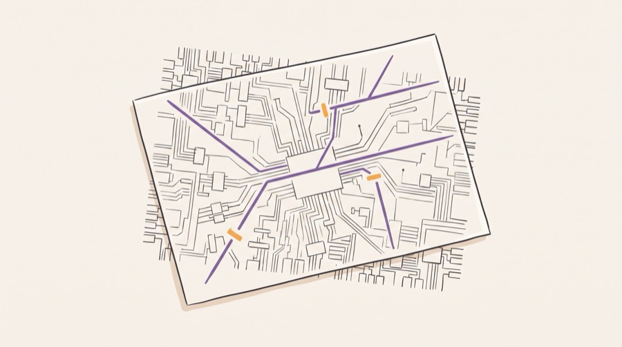 A constraint file drawn as a simplified map laid over the more complicated terrain of a real chip, with a few places where the map and the terrain disagree marked as gaps