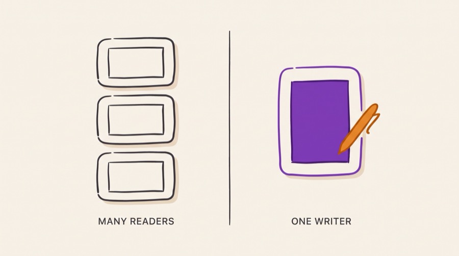 The single writer rule illustrated: three processor caches holding clean readable copies of the same cache line on one side, and a single cache holding the one dirty writable copy on the other