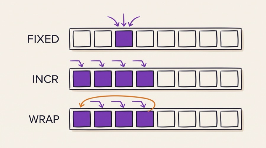 Three AXI4 burst types compared on a memory address grid: FIXED repeatedly accessing one address, INCR stepping forward through consecutive addresses, and WRAP stepping forward then wrapping back to the start of an aligned region