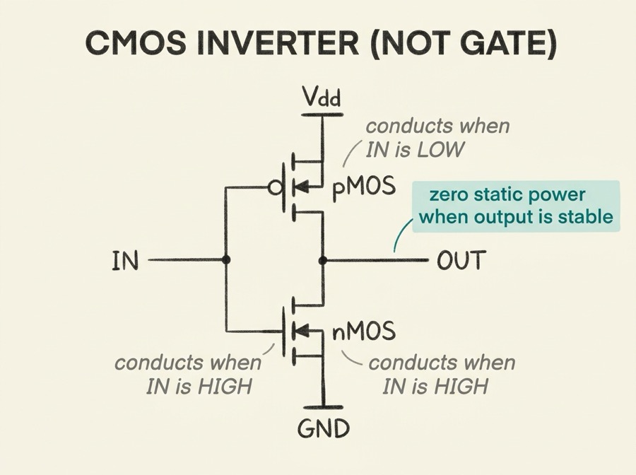 CMOS inverter schematic showing pMOS and nMOS transistors in complementary configuration, with IN and OUT signals and Vdd/GND rails