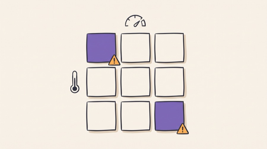A grid of process, voltage and temperature corners crossed with operating modes, with the slow hot corner and the fast cold corner marked as the ones that fail first