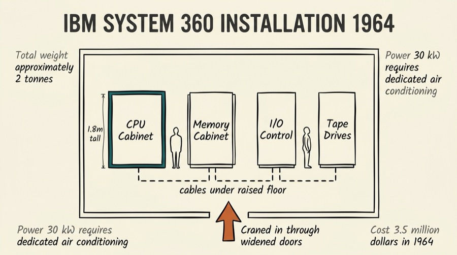 Floor plan of the IBM System/360 computer room showing four cabinets — CPU, Memory, I/O Control, and Tape Drives — connected by cables under a raised floor, with a human figure showing scale