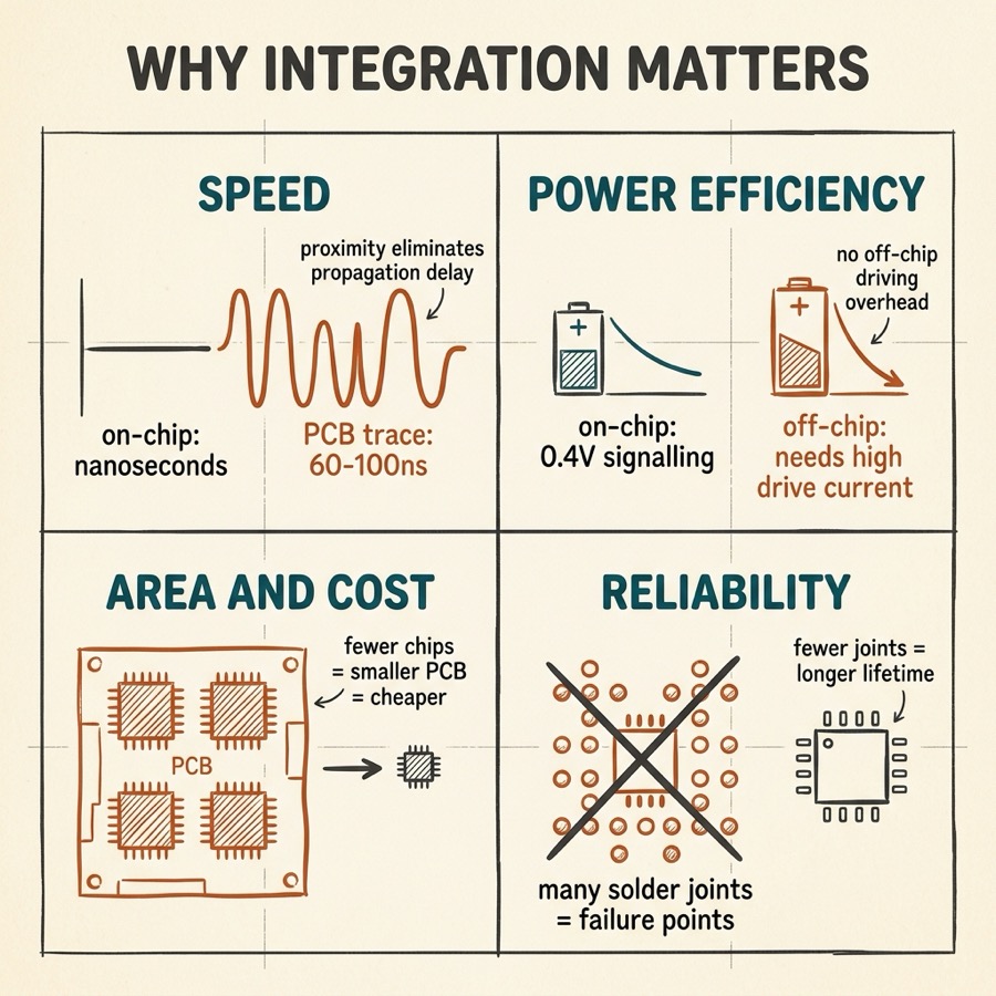 Four benefits of integration shown as a 2x2 grid: Speed (on-chip nanoseconds vs PCB 60-100ns), Power Efficiency (low-voltage on-chip signalling vs high-drive off-chip), Area and Cost (fewer chips, smaller PCB), and Reliability (fewer solder joints)