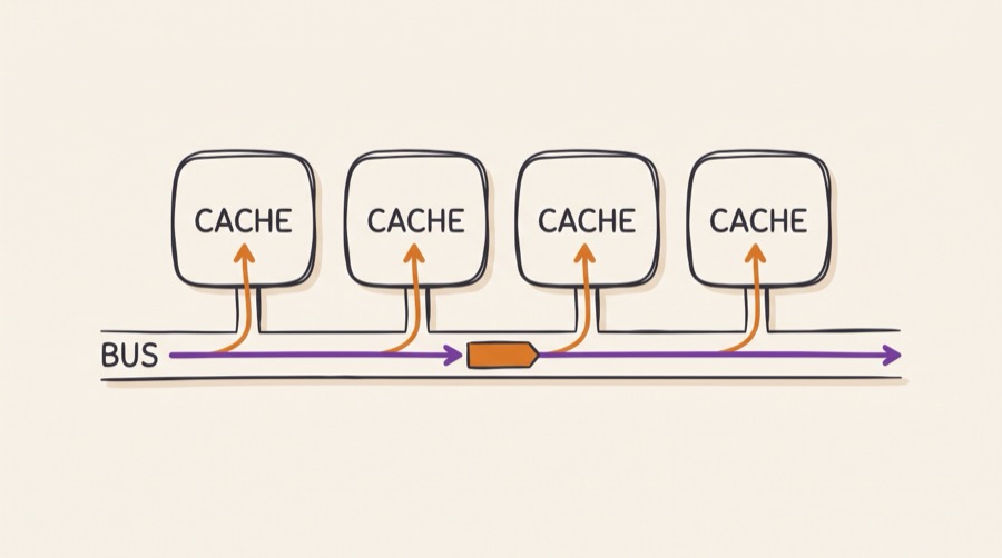 Snooping coherency: four processor caches all connected to one shared coherent bus, with a single request broadcast reaching every cache simultaneously