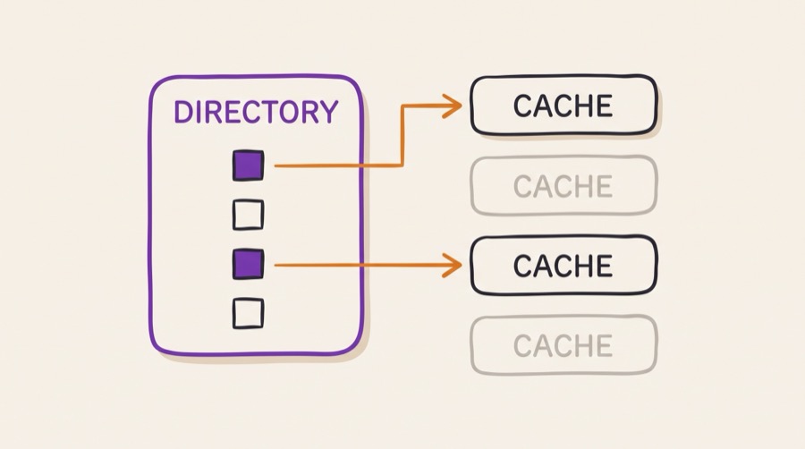 Directory based coherency: a central directory holding a sharer list for a cache line, sending targeted snoops to only the two caches that hold copies while two other caches are left undisturbed