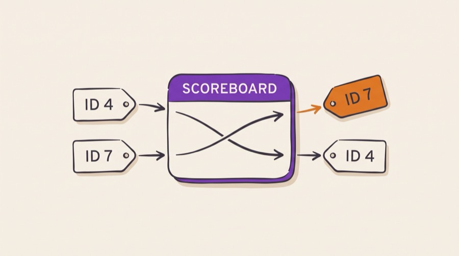 Two tagged read requests entering an interconnect scoreboard and leaving in a different order: a request tagged ID 4 to slow memory issued first but returning second, and a request tagged ID 7 to fast memory issued second but returning first