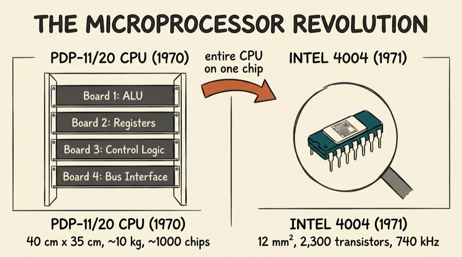 Side-by-side comparison: the PDP-11/20 CPU (1970) as a rack of four boards for ALU, registers, control, and bus interface versus the Intel 4004 (1971) as a single tiny chip package — the entire CPU compressed onto 12 mm²