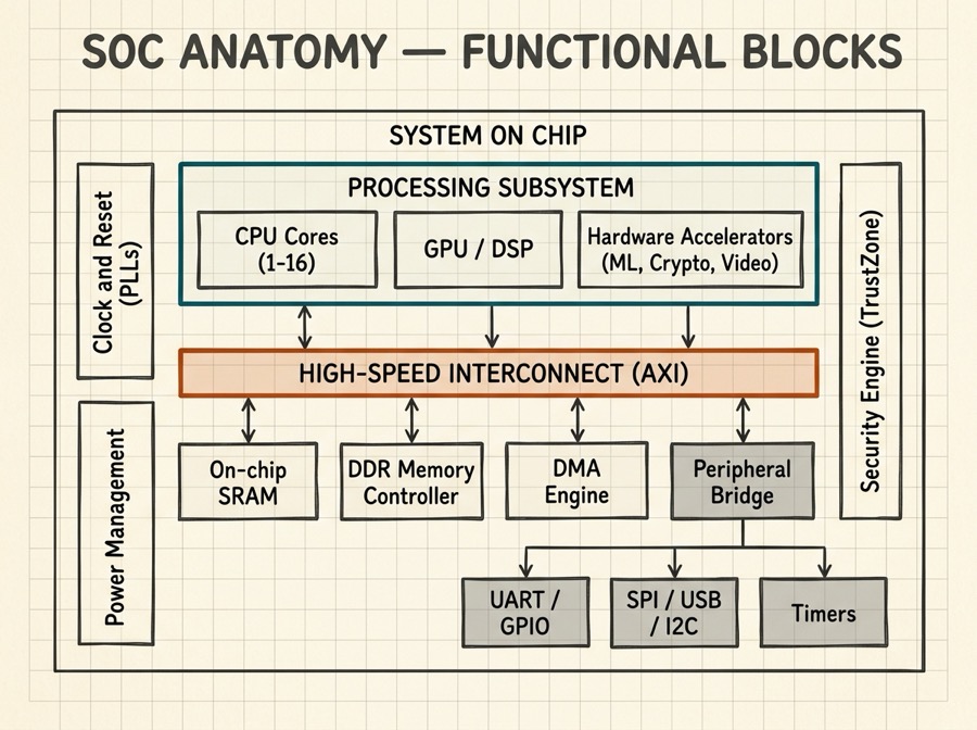 SoC anatomy block diagram showing the processing subsystem (CPU cores, GPU/DSP, hardware accelerators) connected via the AXI high-speed interconnect to on-chip SRAM, DDR memory controller, DMA engine, and peripheral bridge, with clock/reset, power management, and security engine as spanning blocks