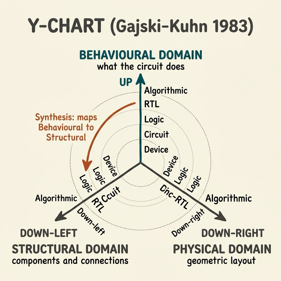 The Gajski-Kuhn Y-Chart showing three design domains - behavioural, structural, and physical - with abstraction levels along each axis