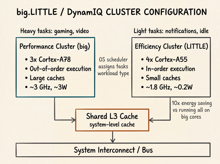 ARM big.LITTLE DynamIQ cluster configuration showing the performance cluster with Cortex-A78 cores and the efficiency cluster with Cortex-A55 cores, sharing an L3 cache and system interconnect