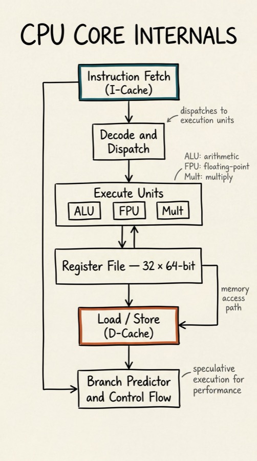 CPU core internal architecture showing the instruction fetch, decode and dispatch, execute units (ALU, FPU, multiplier), register file, load/store unit, and branch predictor