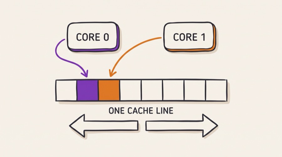 False sharing: two processor cores writing to two different variables that occupy the same 64 byte cache line, with the line ownership bouncing back and forth between the two caches on every write