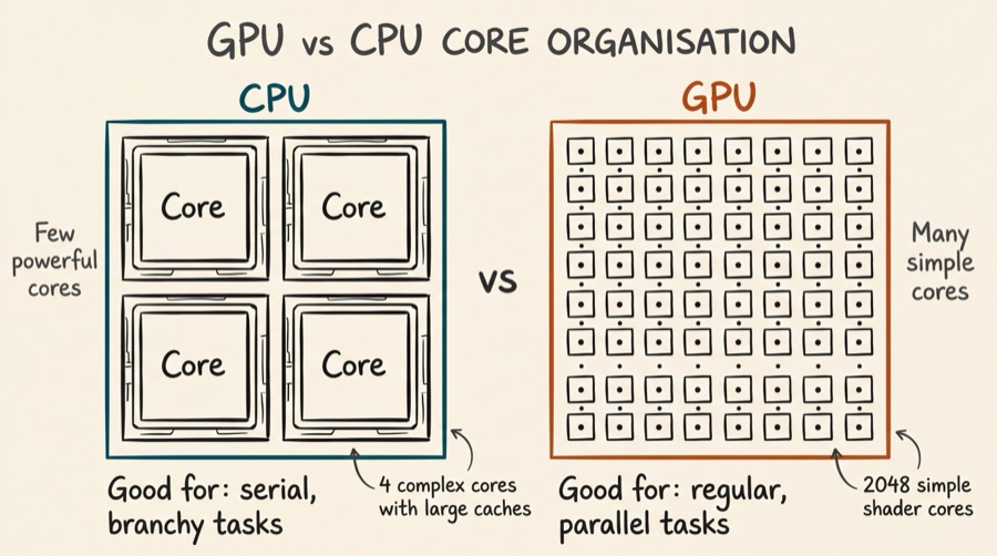 GPU vs CPU core organisation: the CPU has 4 large complex cores with large caches, while the GPU has 2048 simple shader cores - showing how CPUs are optimised for serial branchy tasks while GPUs excel at regular parallel tasks