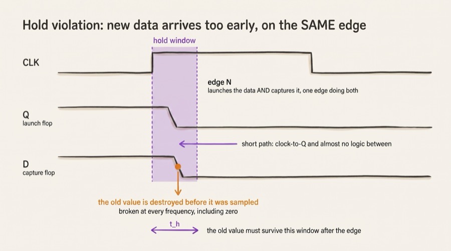 Hold violation drawn as three waveform traces, CLK, launch flop Q and capture flop D, with the new data arriving inside a shaded hold window that starts at the single clock edge