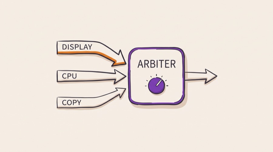 Three traffic classes arriving at an AXI arbiter with different quality of service values: a display scanout read at the highest value, a processor cache refill in the middle, and a background copy at the lowest, with the arbiter also weighing a starvation counter and outstanding transaction limits