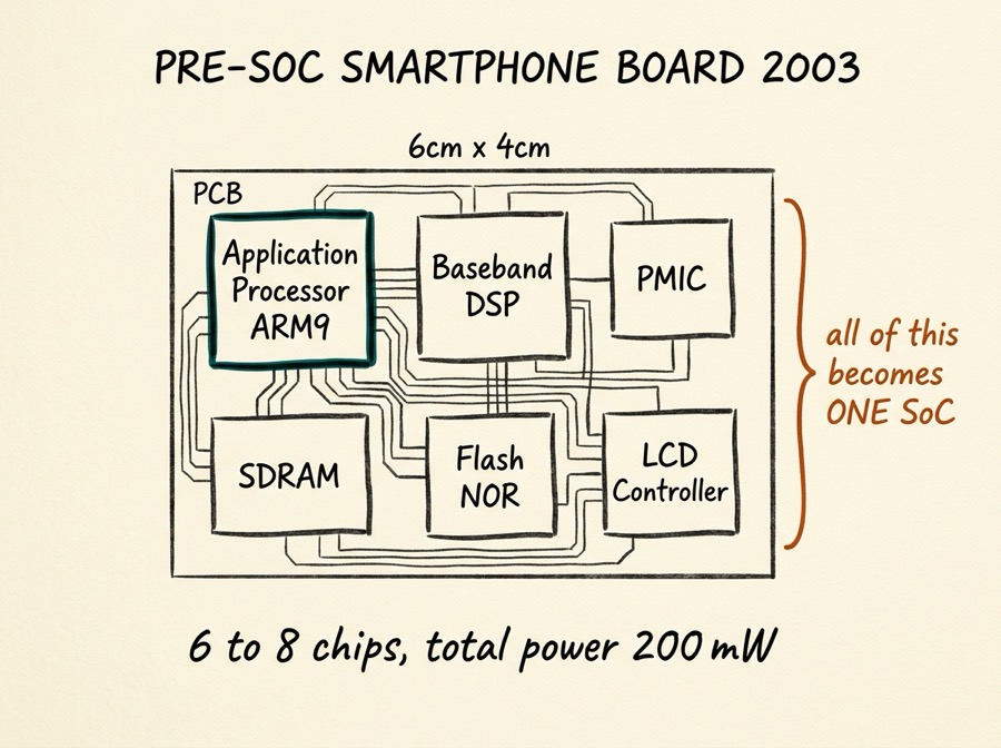 A pre-SoC smartphone PCB (c. 2003) showing six discrete chips — Application Processor ARM9, Baseband DSP, PMIC, SDRAM, Flash NOR, and LCD Controller — connected by PCB traces, with an annotation showing all of this becomes one SoC