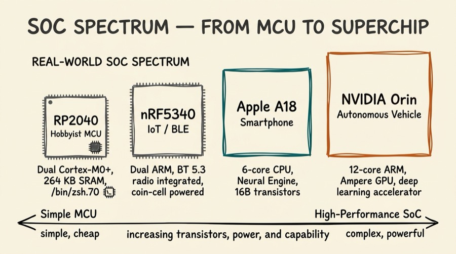 SoC application spectrum arranged left to right by complexity and cost: tiny IoT/MCU chip at far left through embedded controller, smartphone SoC, automotive SoC, to HPC/data-centre SoC at far right, with transistor count and power budget indicated for each