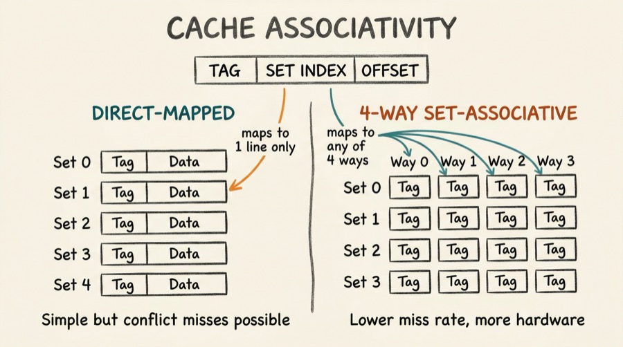 Cache associativity comparison showing direct-mapped cache versus 4-way set-associative cache organisation