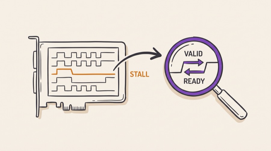A debug decision path for a stalled AXI interface: capture all five channels, identify which channel shows valid high with ready low, then determine whether the source or the destination owes progress