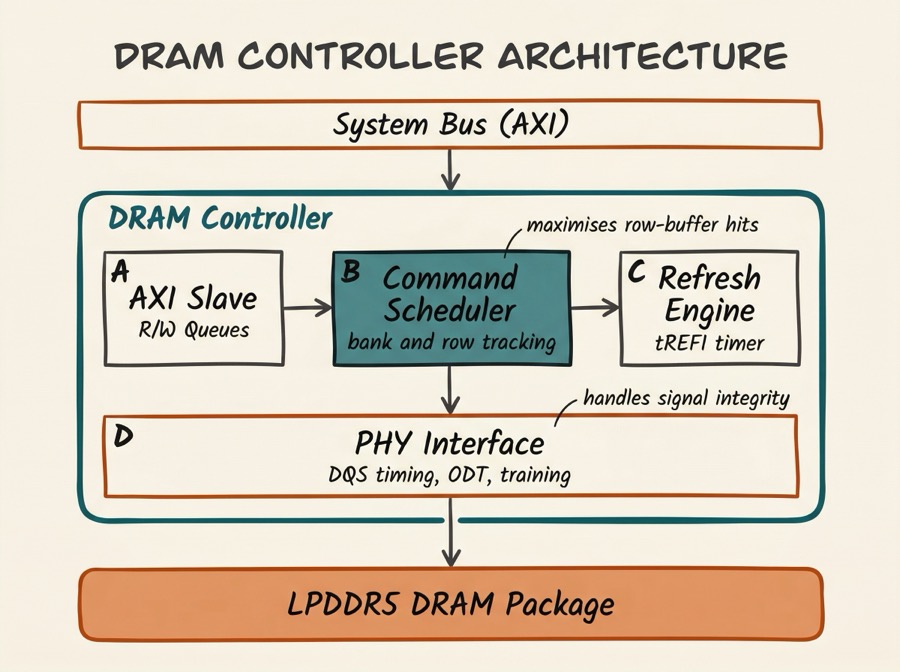 DRAM controller architecture block diagram showing AXI slave interface, command scheduler, refresh engine, and PHY interface connecting to LPDDR5 DRAM