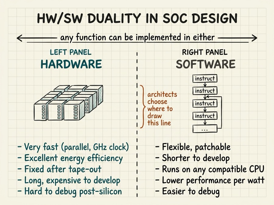 Two-column comparison of hardware vs software implementation: left column shows hardware block icons with labels - parallel execution, fixed function, high efficiency; right column shows software/CPU icons - sequential execution, flexible, patchable; a central dividing line labelled "The HW/SW Boundary" with a spectrum arrow beneath