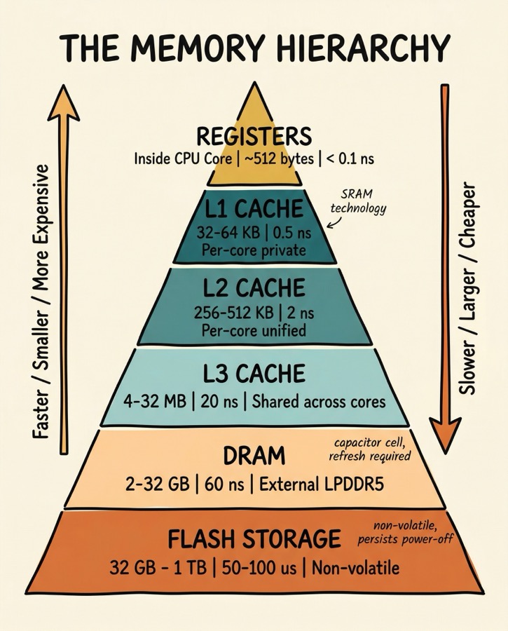 Memory hierarchy pyramid showing registers, L1 cache, L2 cache, L3 cache, DRAM and flash storage with latency and capacity annotations