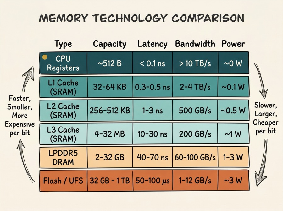 Memory technology comparison table showing capacity, latency, bandwidth and power from CPU registers through DRAM to flash storage