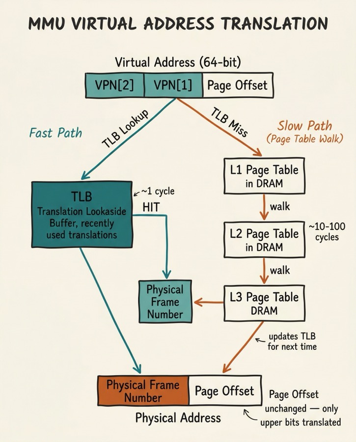 MMU virtual to physical address translation diagram showing VPN fields, TLB lookup path, page table walk on miss, and physical frame number output