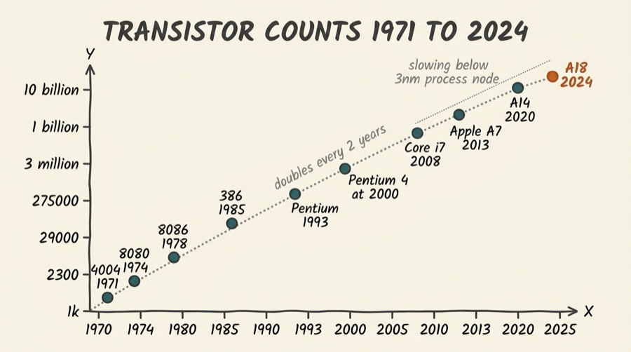 Transistor count chart from 1971 to 2024 on a log scale showing the exponential growth from the Intel 4004 at 2,300 transistors to the Apple A18 at 16 billion, with a dotted line showing the idealized Moore's Law doubling every two years