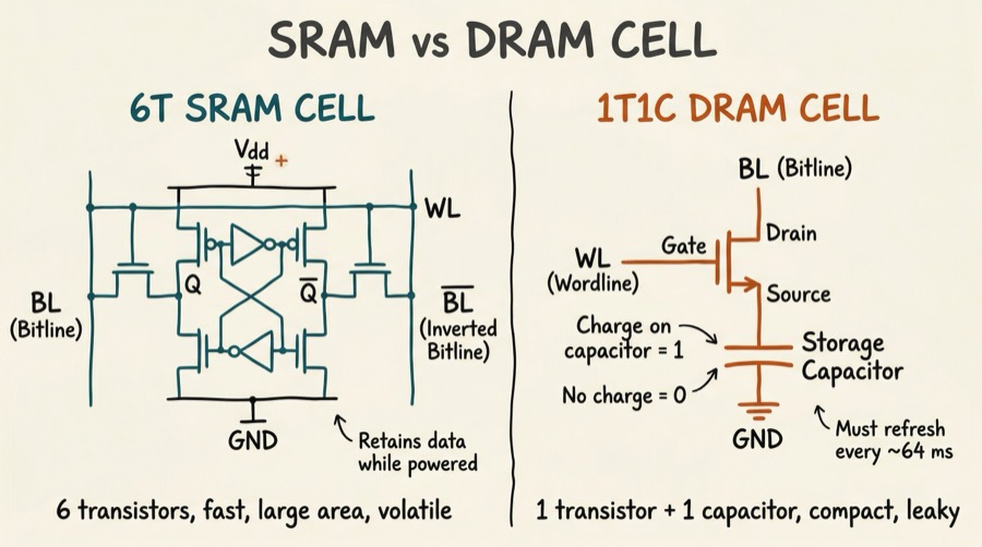 SRAM 6T cell versus DRAM 1T1C cell comparison showing transistor and capacitor layout with wordline and bitline connections