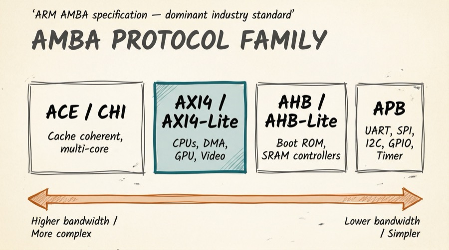 AMBA protocol family spectrum showing ACE/CHI, AXI4, AHB, and APB from high-performance to simple