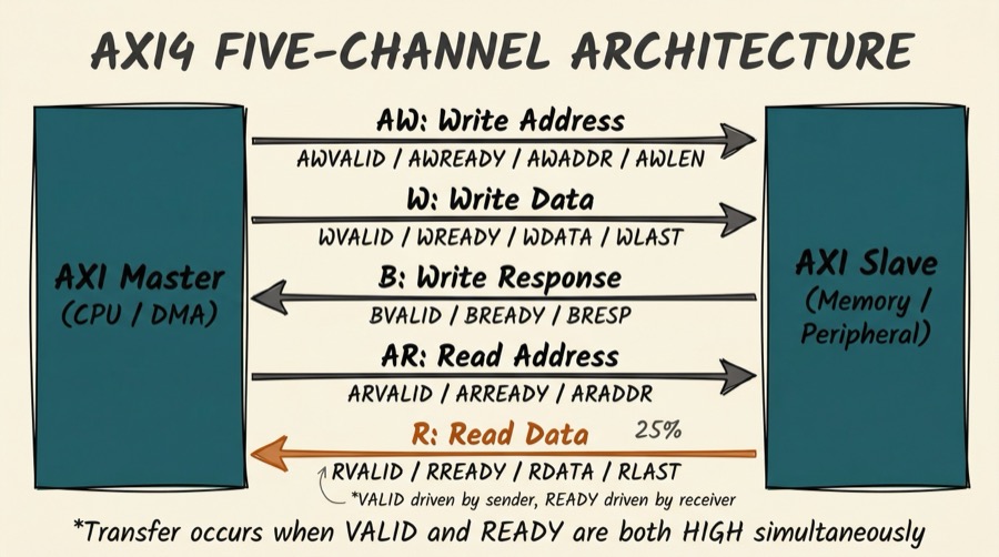 AXI4 five-channel architecture diagram showing master and slave blocks connected by AW, W, B, AR, and R channels with signal names