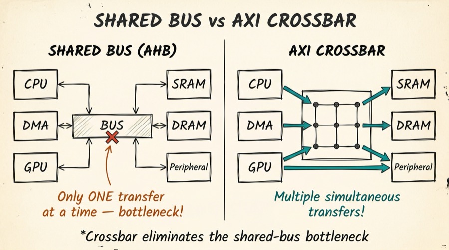 Shared bus versus AXI crossbar comparison showing bottleneck on left and simultaneous transfers on right