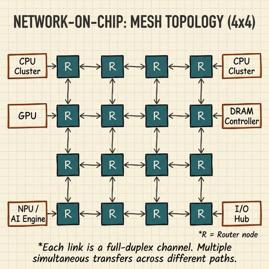 Network-on-Chip 4x4 mesh topology showing router nodes connected by bidirectional links with CPU, GPU, DRAM, and NPU blocks at the edges